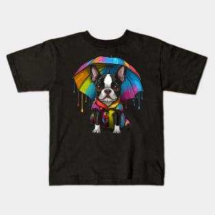 Boston Terrier Rainy Day With Umbrella Kids T-Shirt